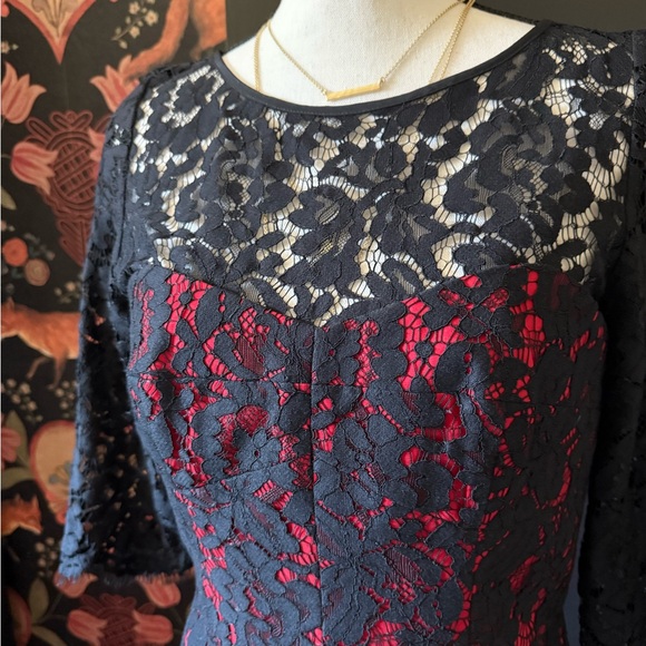 NEW Milly Ally Lace Sleeve Dress Black Red Size 8 Lace Cocktail Dahlia NWT - Picture 4 of 10